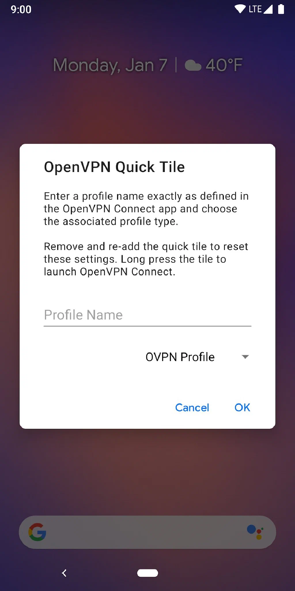 OpenVPN Quick Settings Tile — Collapsed