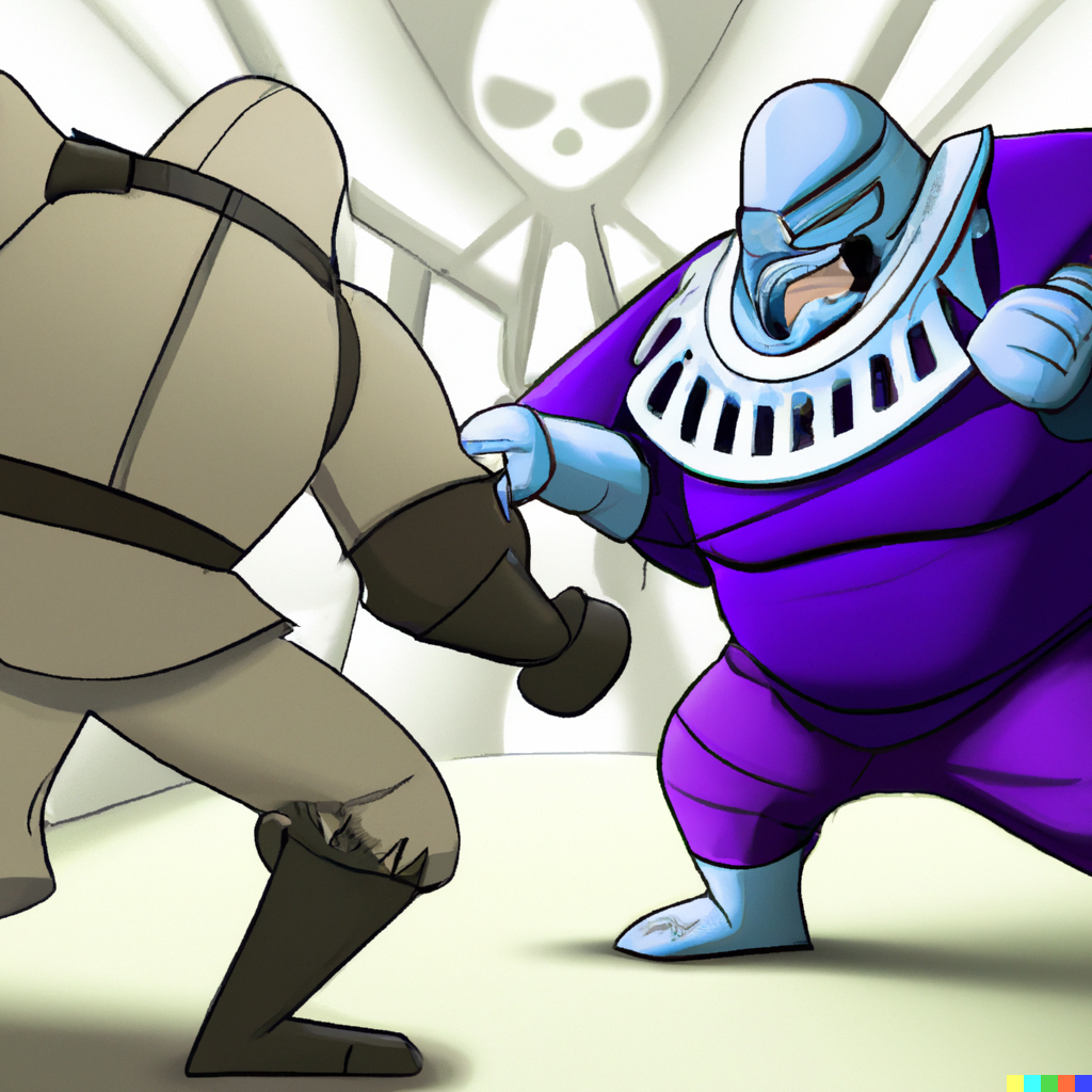DALL·E Fight scene of Shredder versus Kingpin in cel-shading art style.